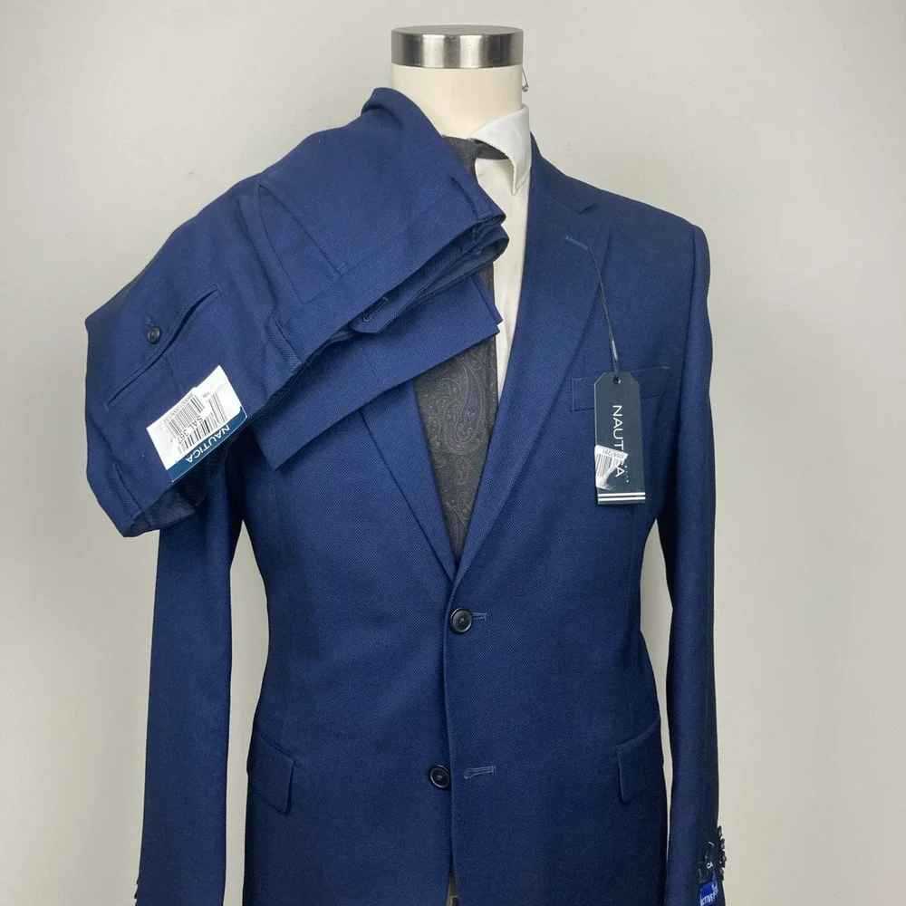 Nautica Men's 2-Pc Suit‎ Blue Birdseye Jacket Blazer 42R Pants 38Wx31L